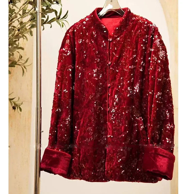 New Year Red Chinese Style Autumn/Winter 2024 Sequin Embroidered Stand Collar Single Breasted Women's Cotton Jacket S-XL