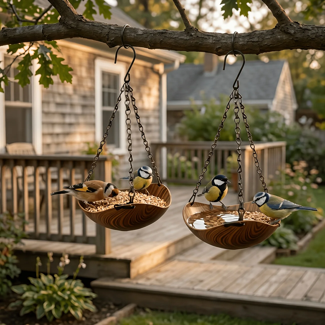 Set of 2 Wood-Grain Hanging Bird Feeders, with a Vintage Wood-Grain Texture, Stable Hanging Design, Paired with a Thick Iron Chain and S-Shaped Hook, Easy to Hang on Balconies, Windowsills, Living Rooms, Etc., Suitable for Both Indoor and Outdoor Use, Perfectly Matching Japanese, American Country Style, and Other Home Decor Styles