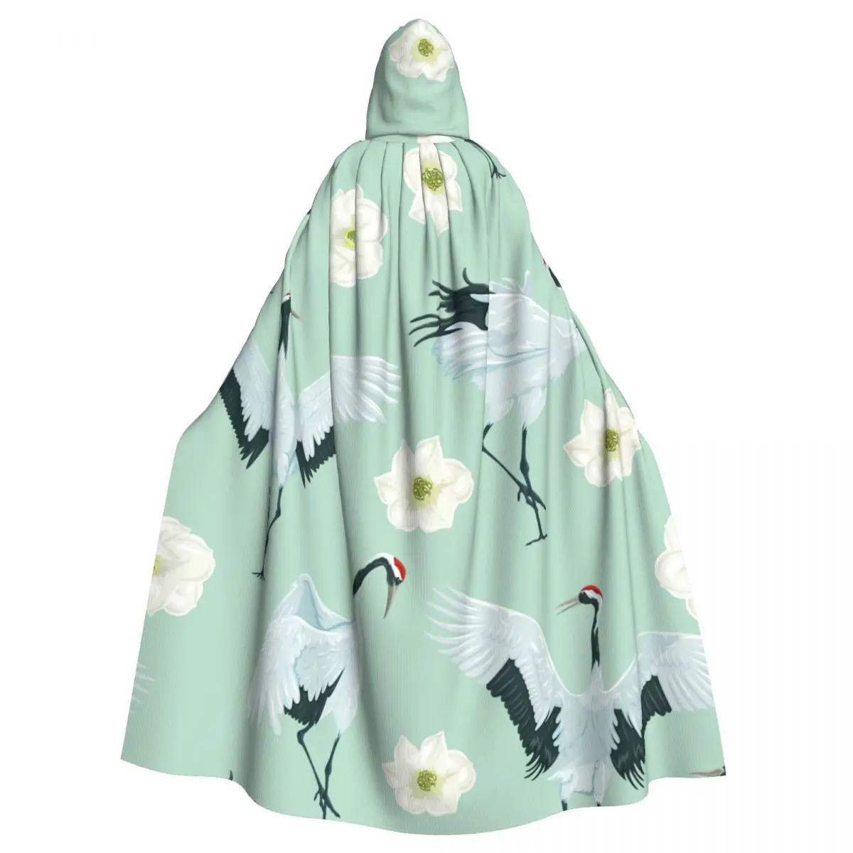 Hooded Cloak Polyester Unisex Witch Cape Costume Accessory Cranes And Flowers Elf Purim