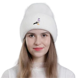 Fashion Embroidery Pigeon Warm Cashmere Wool Angola Rabbit Fur Winter Knitted Beanies Women Cap Female 3 Fold Ski Outdoor Hats