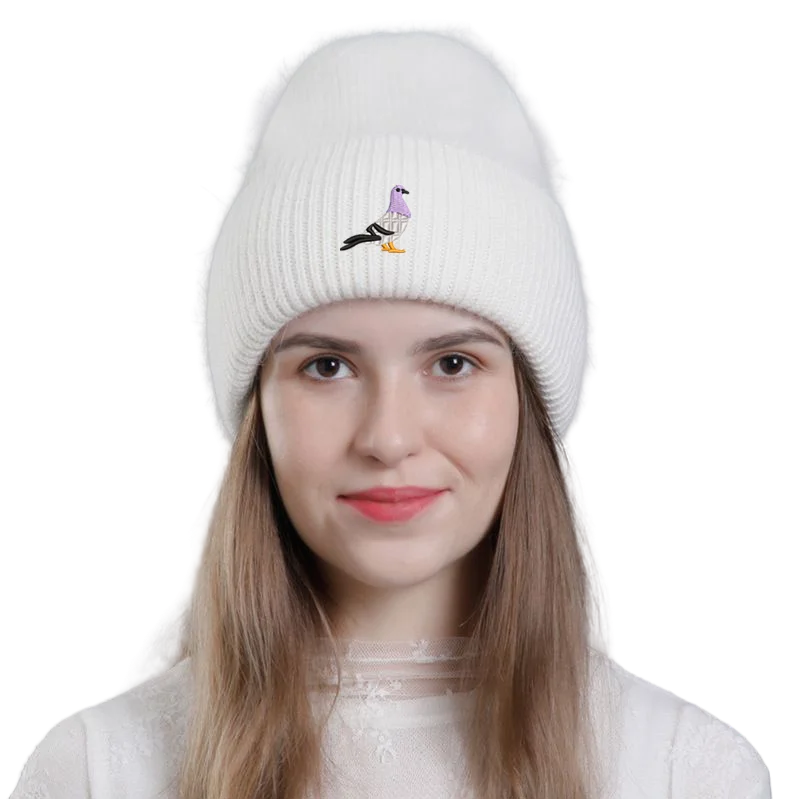 Fashion Embroidery Pigeon Warm Cashmere Wool Angola Rabbit Fur Winter Knitted Beanies Women Cap Female 3 Fold Ski Outdoor Hats