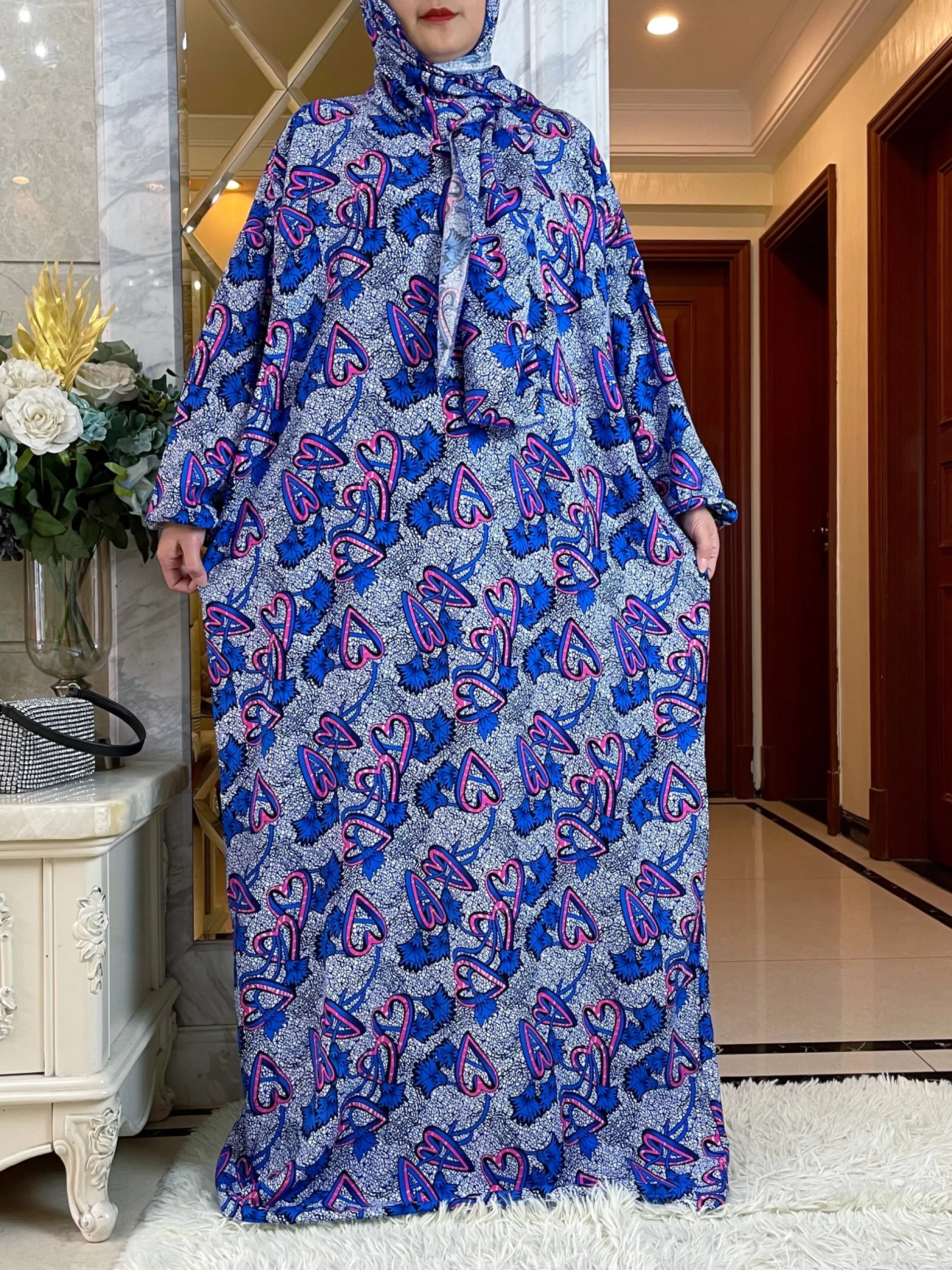 

New Muslim Cotton Abayas For Women Ramadan Prayer Dubai Turkey Middle East Femme Robe Floral Loose African Dress Turban Joint