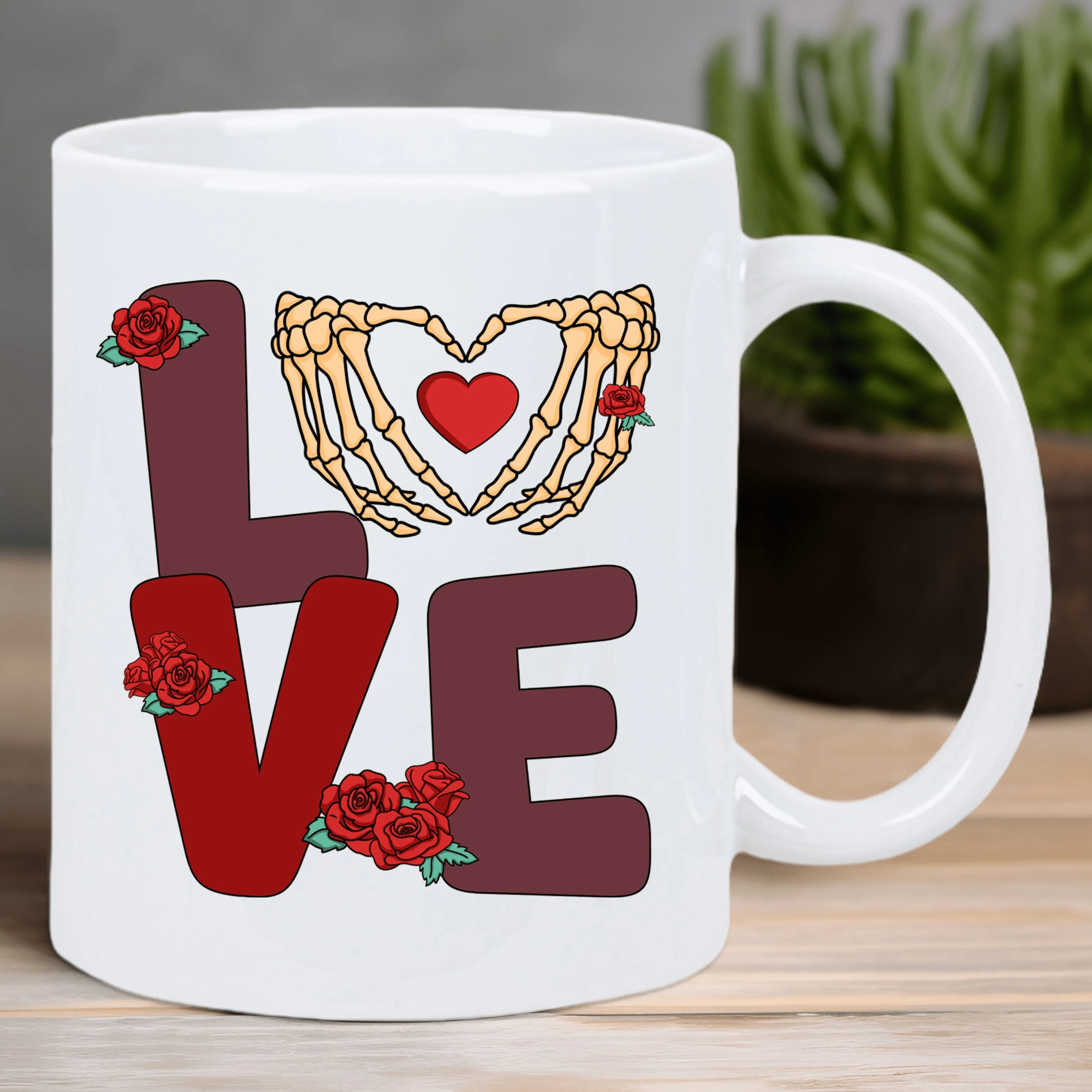 Retro Valentine's Love Ceramic Coffee Mug – Reusable, Hand-Wash Only, White with Skeleton Hands & Roses Design – Perfect Gift fo