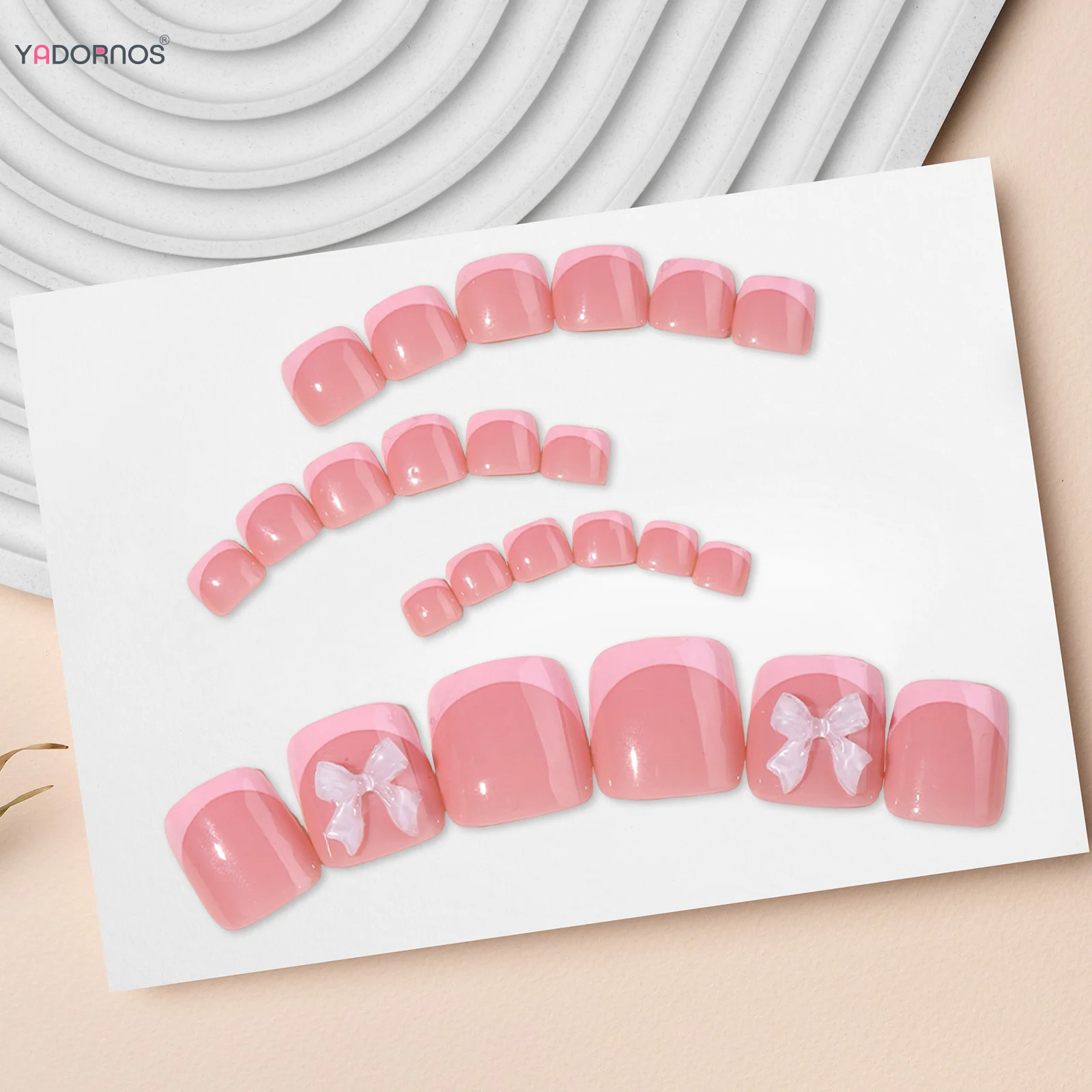 Uñas postizas de estilo francés para mujer y niña, manicura de verano rosa, diseño de lazo, usable