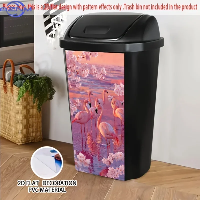 2D 1PC/FLAT Pink Flamingos & Cherry Blossoms Sunset Lake Self-Adhesive Dustbin Sticker, xinch, Romantic Pink-Toned Flami