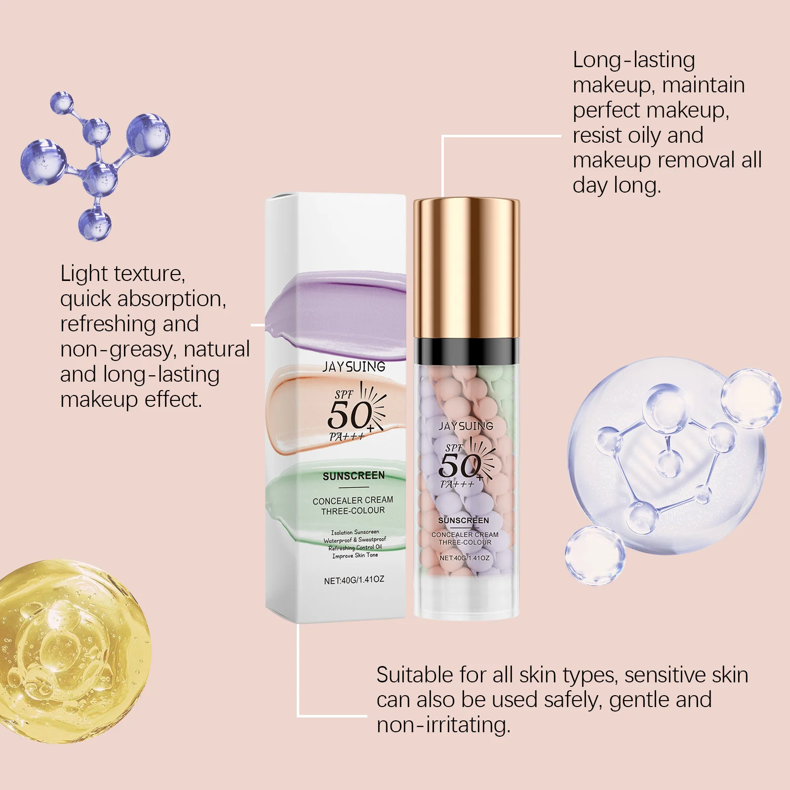 Jaysuing 40g Isolation Sunscreen Tri-Color Cream Waterproof Sweatproof Makeup Foundation Natural Makeup Base Cream Long Lasting