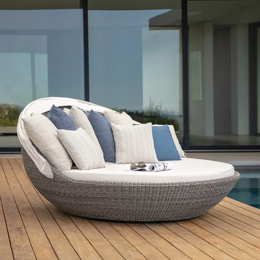 Aluminum Frame Canopy Design Poolside Rattan wicker Outdoor Furniture Daybed Round Sun Bed Chaise r