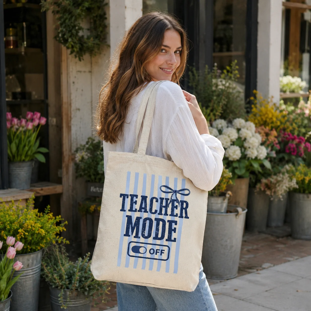 Teacher Mode Off Tote Bag, Funny Teacher Canvas Shoulder Bag, End‑of‑School Gift for Educator, Retro Striped Teacher Handbag
