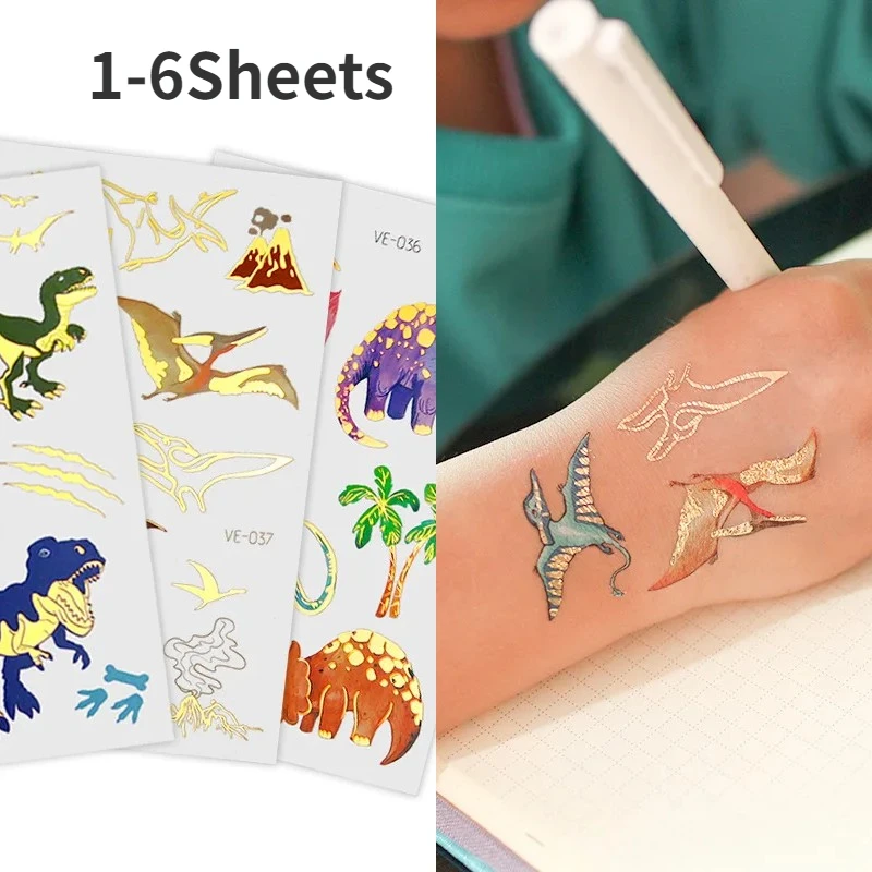 1-6Sheet Dinosaur Animals Cartoon Temporary Tattoos Kids Arms DIY Body Art Fake Tattoo Stickers  Cartoon Collection Stickers New