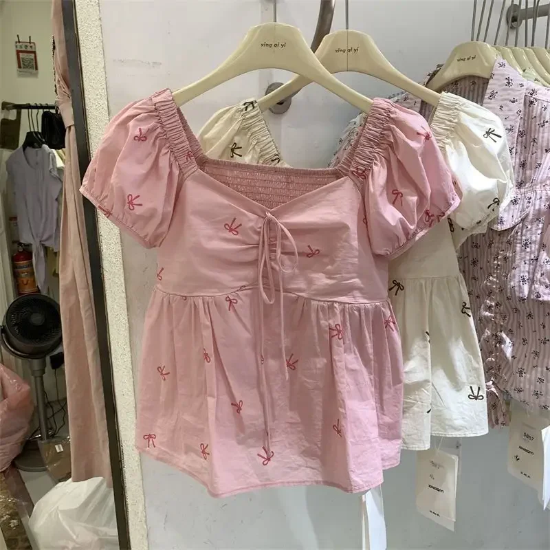 

Square Neck Printed Short Sleeves Folds Shirt for Women Summer Bubble Sleeves Pullover Sweet Loose Tops Fashion Women Clothing