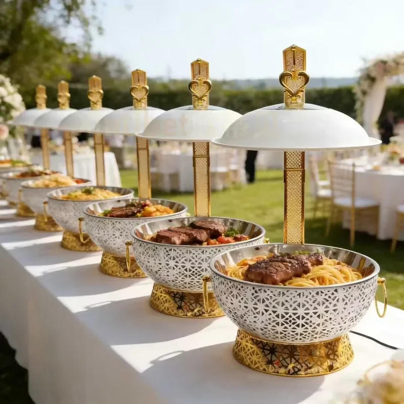 New Design White and Gold 8L Stainless Steel Chafing Dish Food Warmer Serving Dish With Hanging Lid for Wedding Party