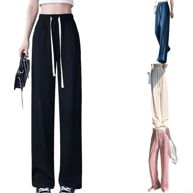 40GC Women Drawstring Elastic High Waist Straight Sweatpants Wide Leg Pants