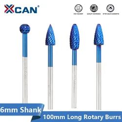 XCAN 6mm Shank Rotary File 1pc Nano Blue Coated Tungsten Carbide Rotary Burrs Bit Metal File 100mm Long File for Metal