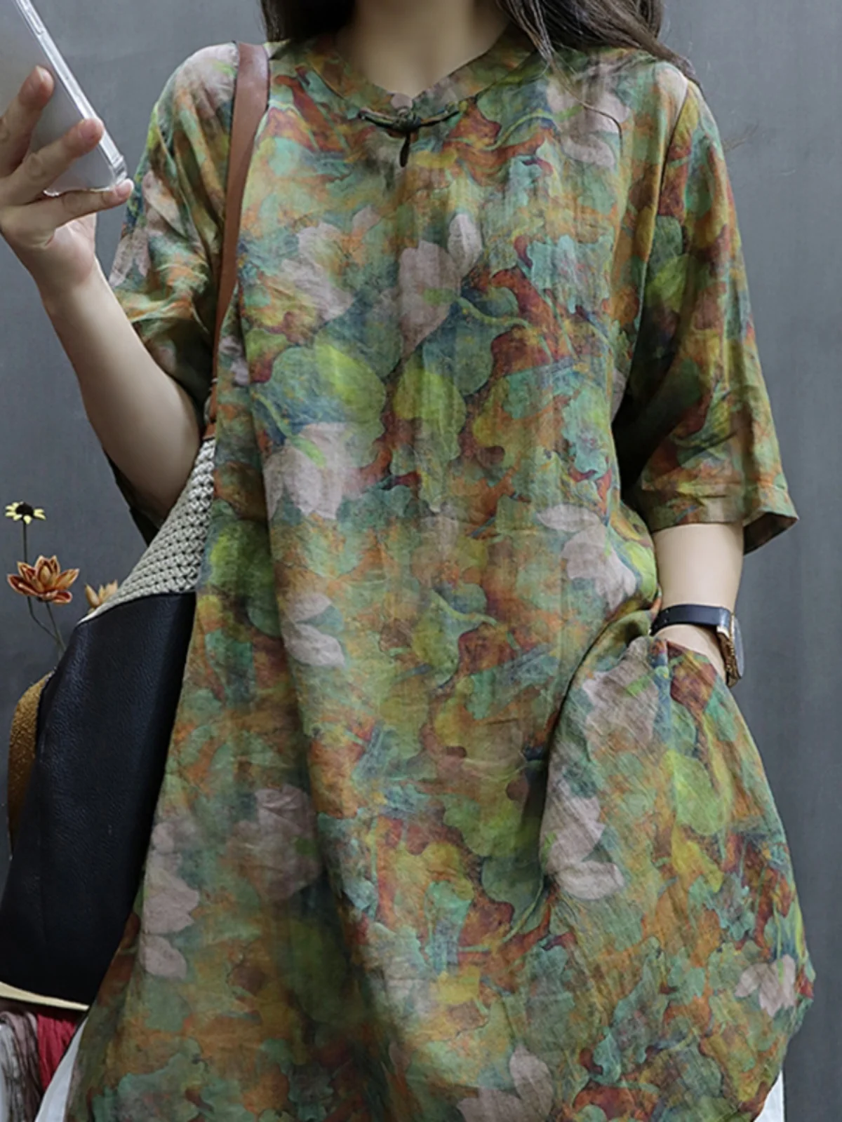 Stampa retrò in cotone e lino irt Dr con colletto alla coreana con bottoni Vita ampia Gonna lunga a trapezio estiva Sve Five Sve Dr