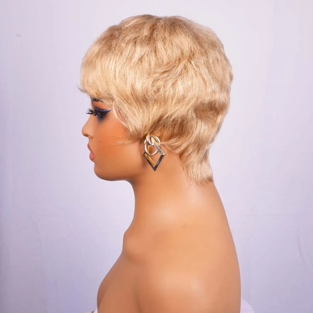شعر مستعار قصير بقص عابث مع غرة، شعر بشري بوب أشقر مستقيم، شعر مستعار مصنوع آليًا للنساء ذوات البشرة السمراء