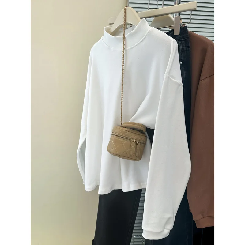 

New Style Real Shot Solid Color Half High Collar German Velvet Brushed Base Sh For Women Autumn Winter Loose Long Sleeve