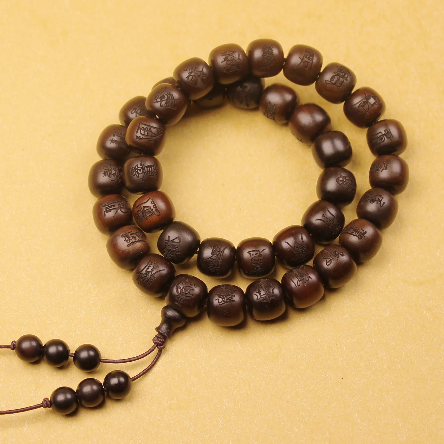 Natural Hand Carved Thunder Struck Jujube Wood Jade Like 36 Marshals Barrel Beads Bracelet Chinese Taoist Style Lucky Blessing
