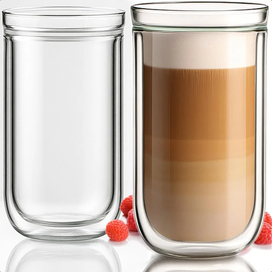 

Double Wall Glass Cup 16oz 2pcs Clear Insulated Coffee Drinking Glasses Single Mouth Double Body