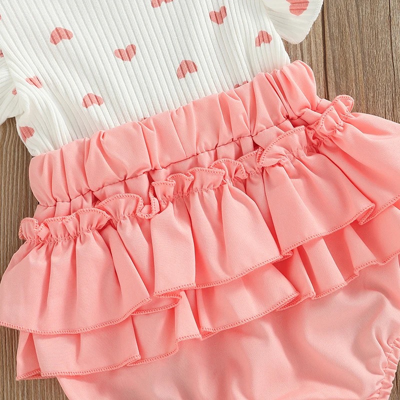 Summer Newborn Baby Girl Valentines Day Outfit Heart Printed Ruffle romper Short Sleeve Bodysuit Bow Headband Clothes