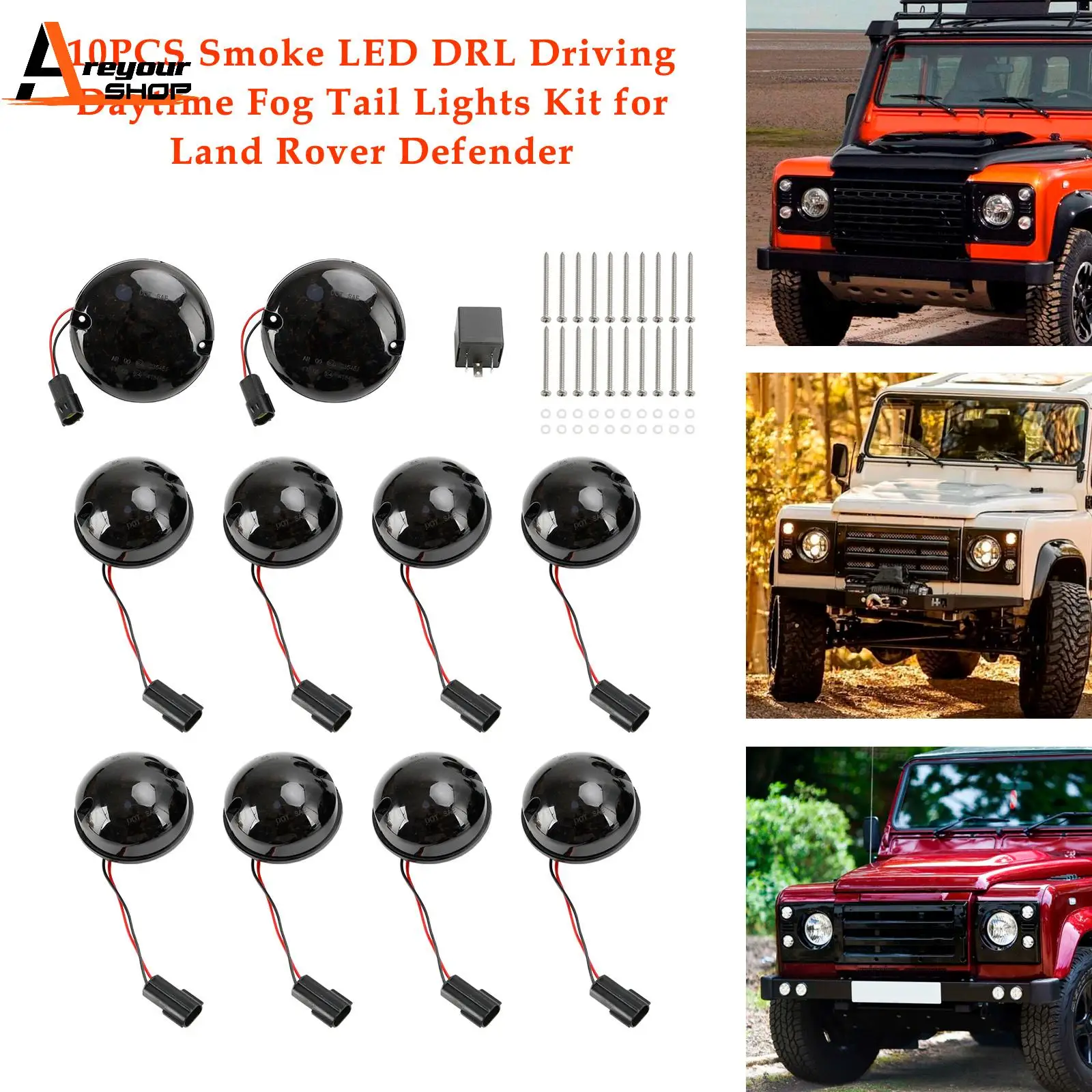 

Areyourshop 10PCS Smoke LED DRL Driving Daytime Fog Tail Lights Kit for Land Rover Defender