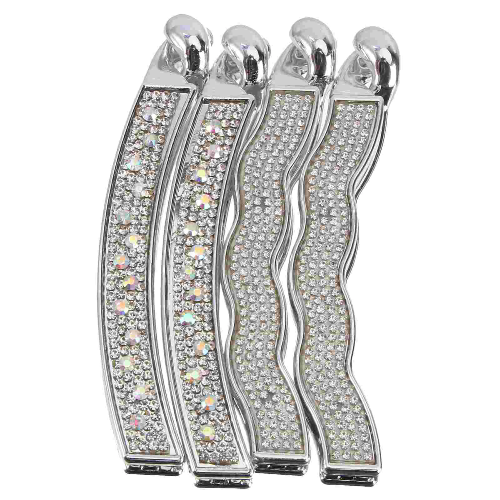 

4 Pcs Hair Pin Ponytail Holder Creative Clips Women Hairpins Dense Banana Rhinestone Silver Miss