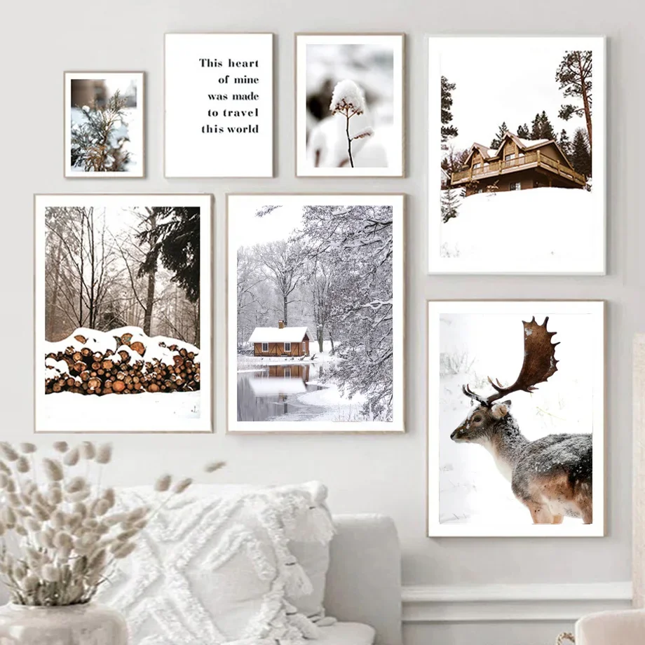 

Winter Snow Forest Wood Cabin Deer Plants Wall Art Canvas Painting Nordic Posters And Prints Wall Pictures For Living Room Decor