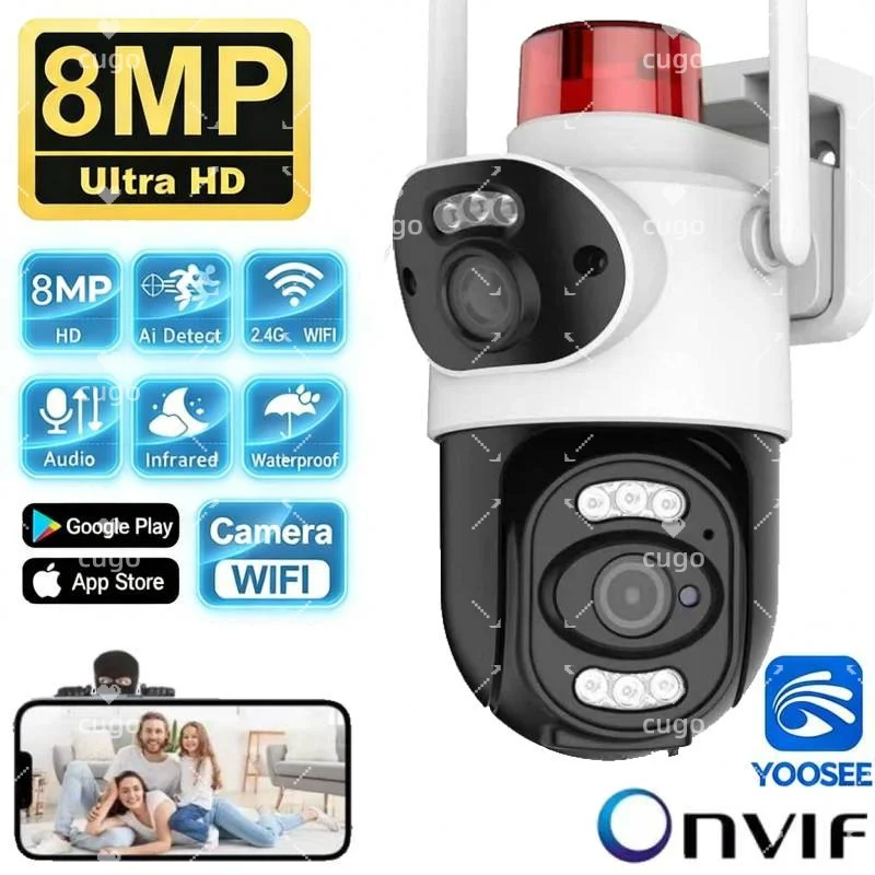 Caméra Wifi 8MP avec lumières d'avertissement, double objectif, caméras de sécurité sans fil pour l'extérieur, audio bidirectionnel, vision nocturne couleur, babyphone