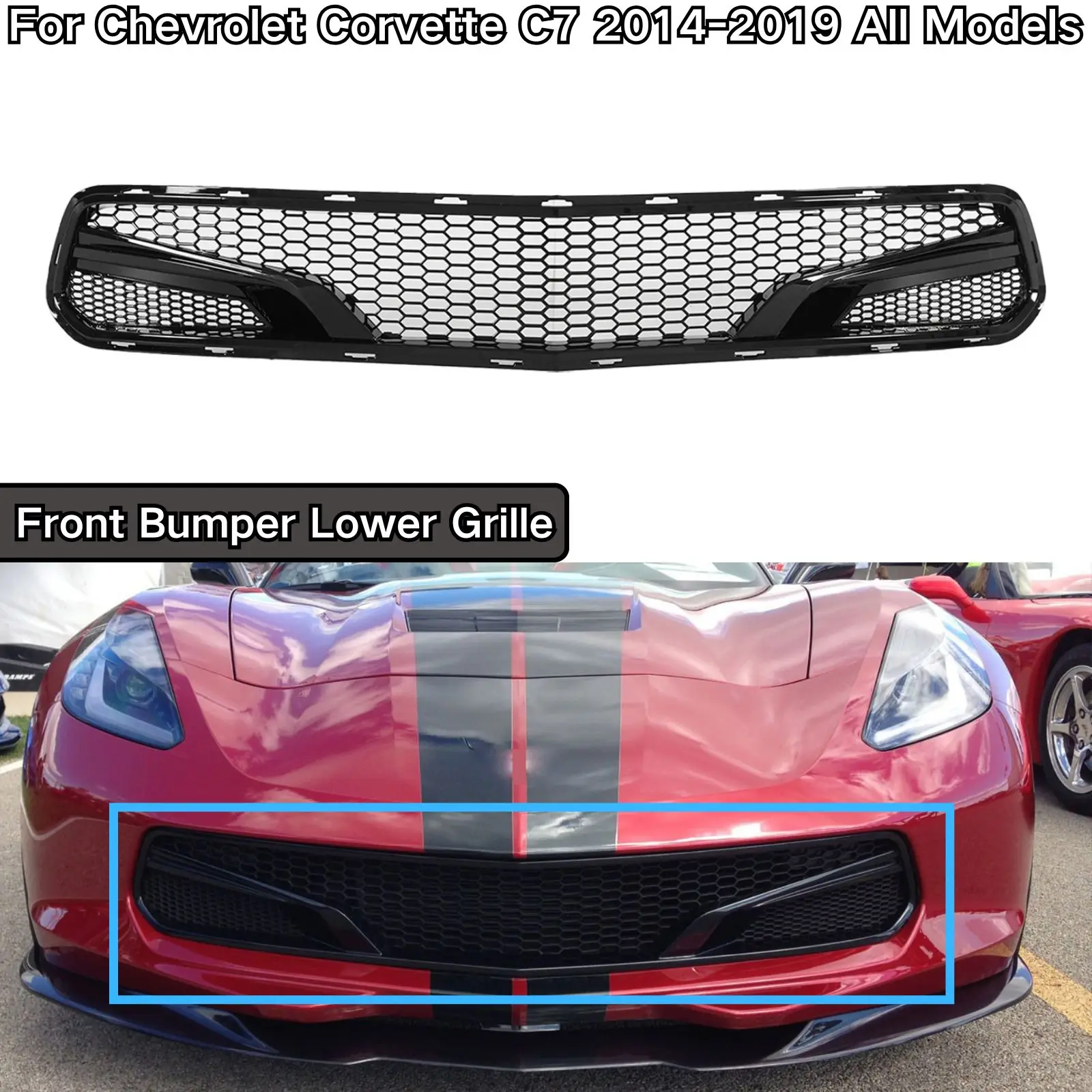 For Chevrolet Corvette C7 2014-2019 All Models Front Bumper Lower Grille Z06/Grand Sport/Stingray Body Kit Glossy Black Plastic