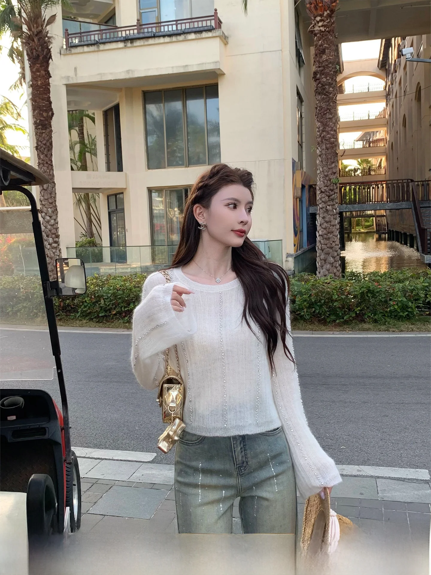 

Kun Total Women's Slim Fit Wool Knitted Sweater White Hollow out Design Casual Sle Long Sve round Ne Top