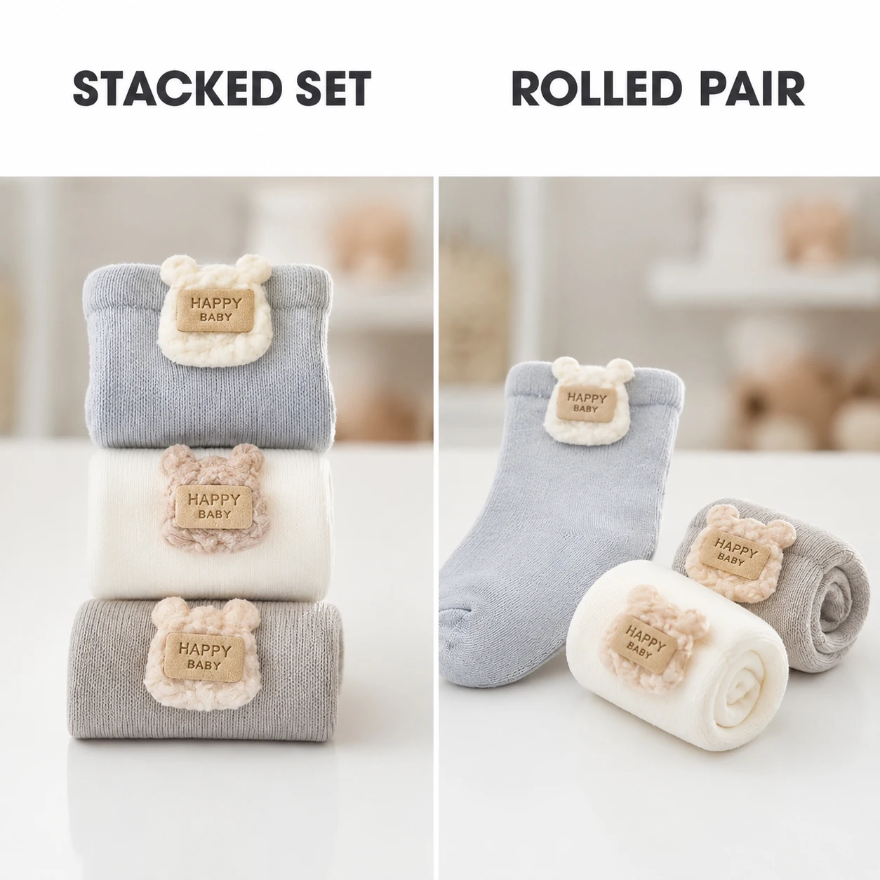 3 Pairs Cartoon Bear Patch Baby Crew Socks Soft Elastic Seamless Toe Newborn Infant Toddler Socks For Baby Boys Girls Daily Wear