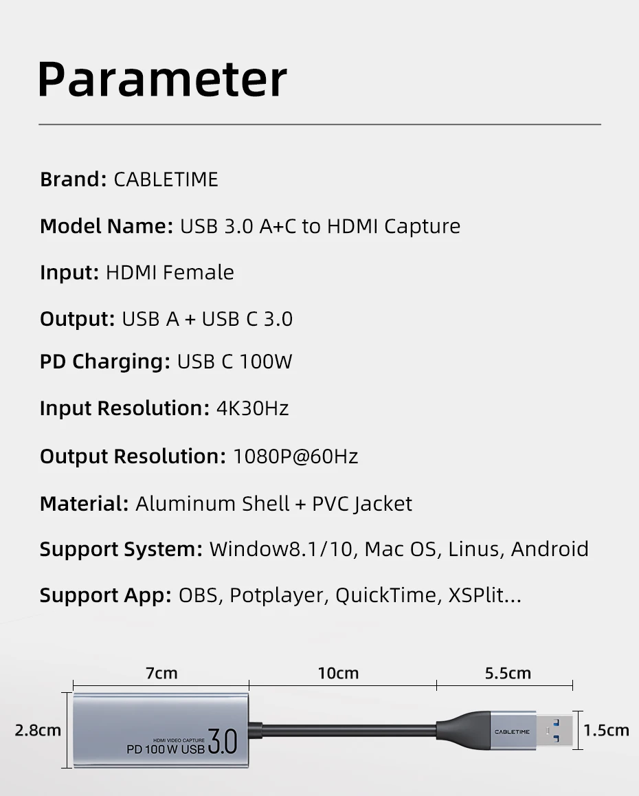 CABLETIME USB 3.0 Videoaufnahmekarte PD 100 W HDMI Capture 5 Gbit/s 4K 1080p Full HD für PS5 Srteaming Switch Videorecorder – Detail 15