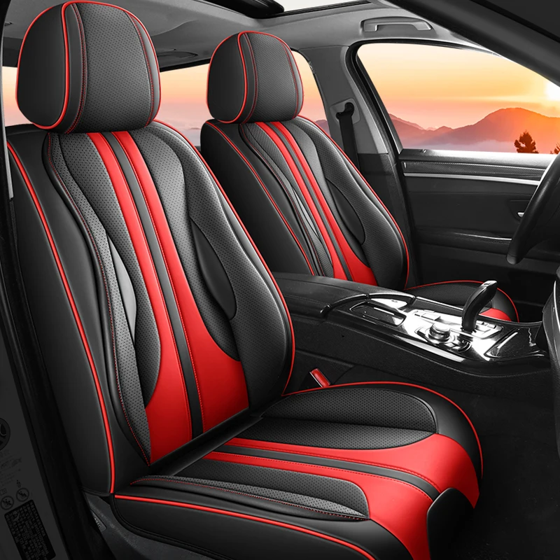 

RED-NAPPA Car Seat Covers Breathable Leather Universal Seat Cushion Fit Most Cars Interior Decoration Automotive Parts-Full Set