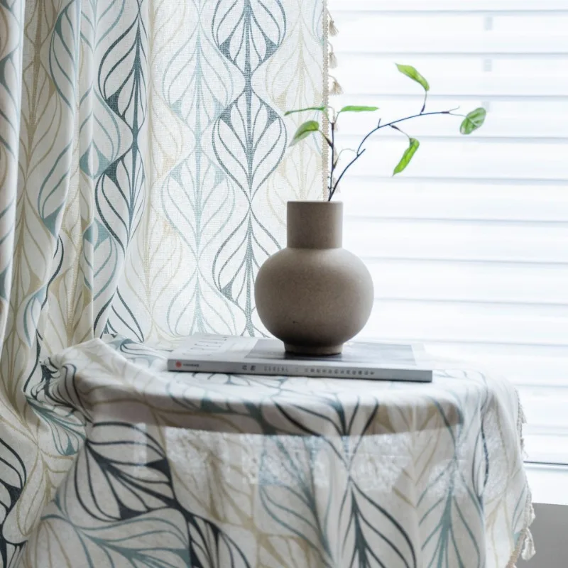Floral Farmhouse Curtains Semi-Blackout Drapes Cotton Linen Bohemian Window Curtain with Tassel Beige Rod Pocket Bedroom Drapes
