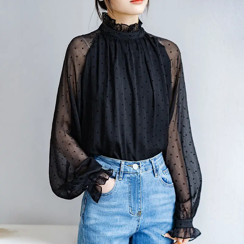 2023 Spring Autumn New Fashion Polka Dot Black Half Height Collar Half Height Collar Blouse Femme Elegant Pleated Loose Shirts