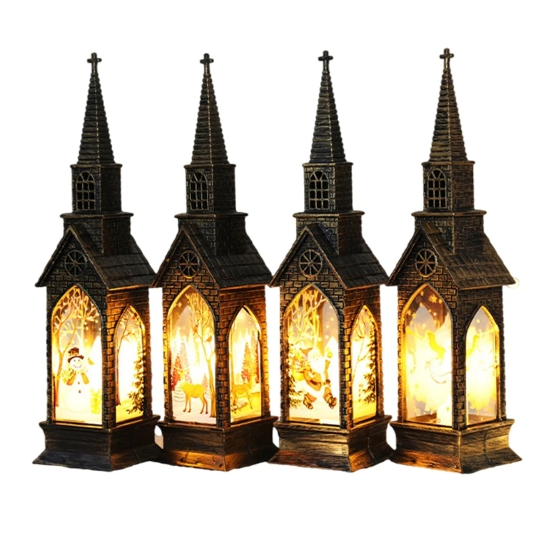 4pcs Glowing Christmas Church House Miniature Figurine for Festivals Enhancement