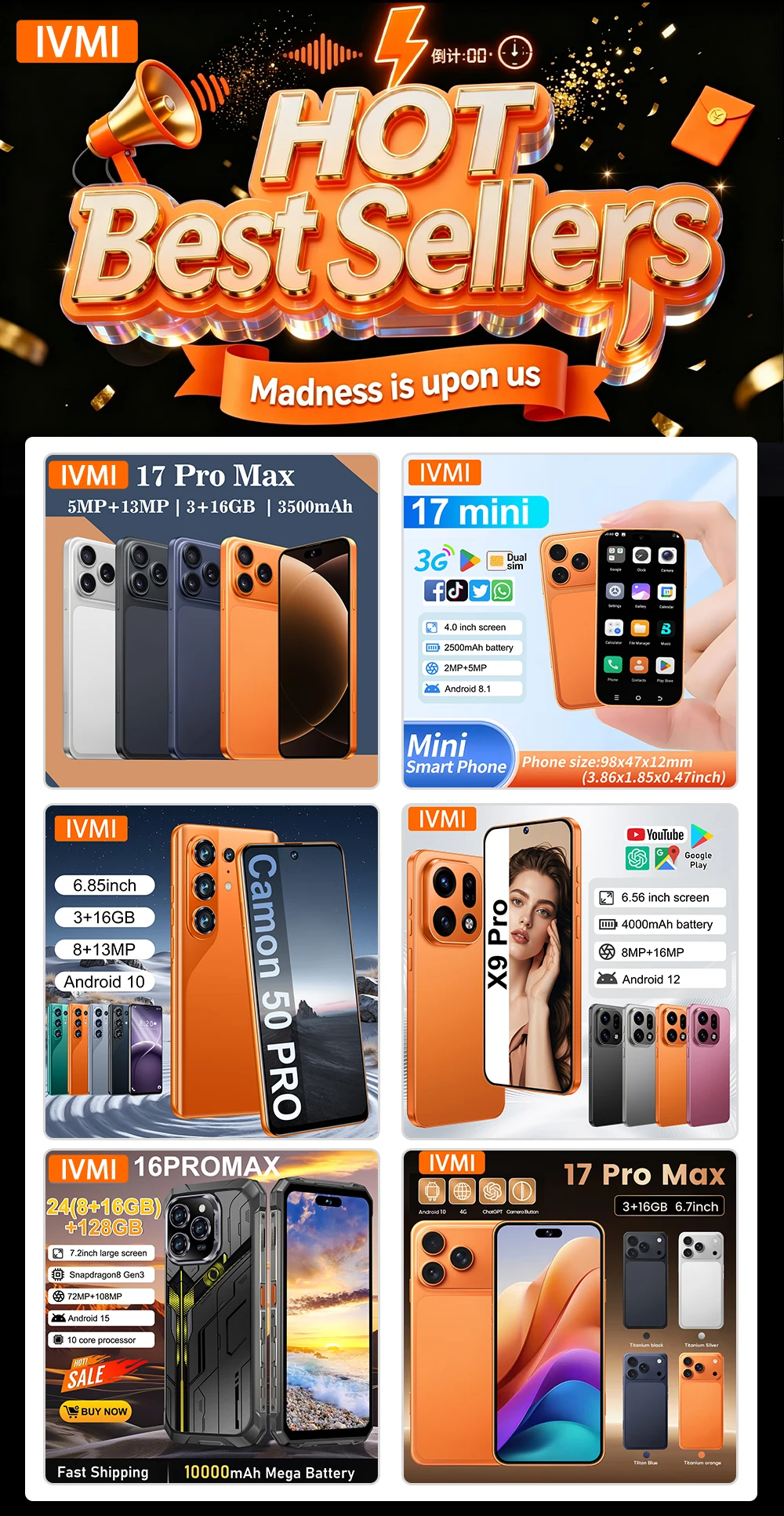 IVMI Global Vision 17Pro Max Smartphone 7.2Inch 4GB RAM 32GB ROM Android12 Dual SIM Face Unlock 4G Network 8+16MP Mobile Phones