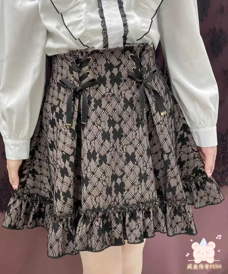 

Rolita Japanese Style Heavy Printed Embroidered Lace Strap Bow Ruffles Mini Skirt Women 2023 Spring Summer New Black Puffy Skirt