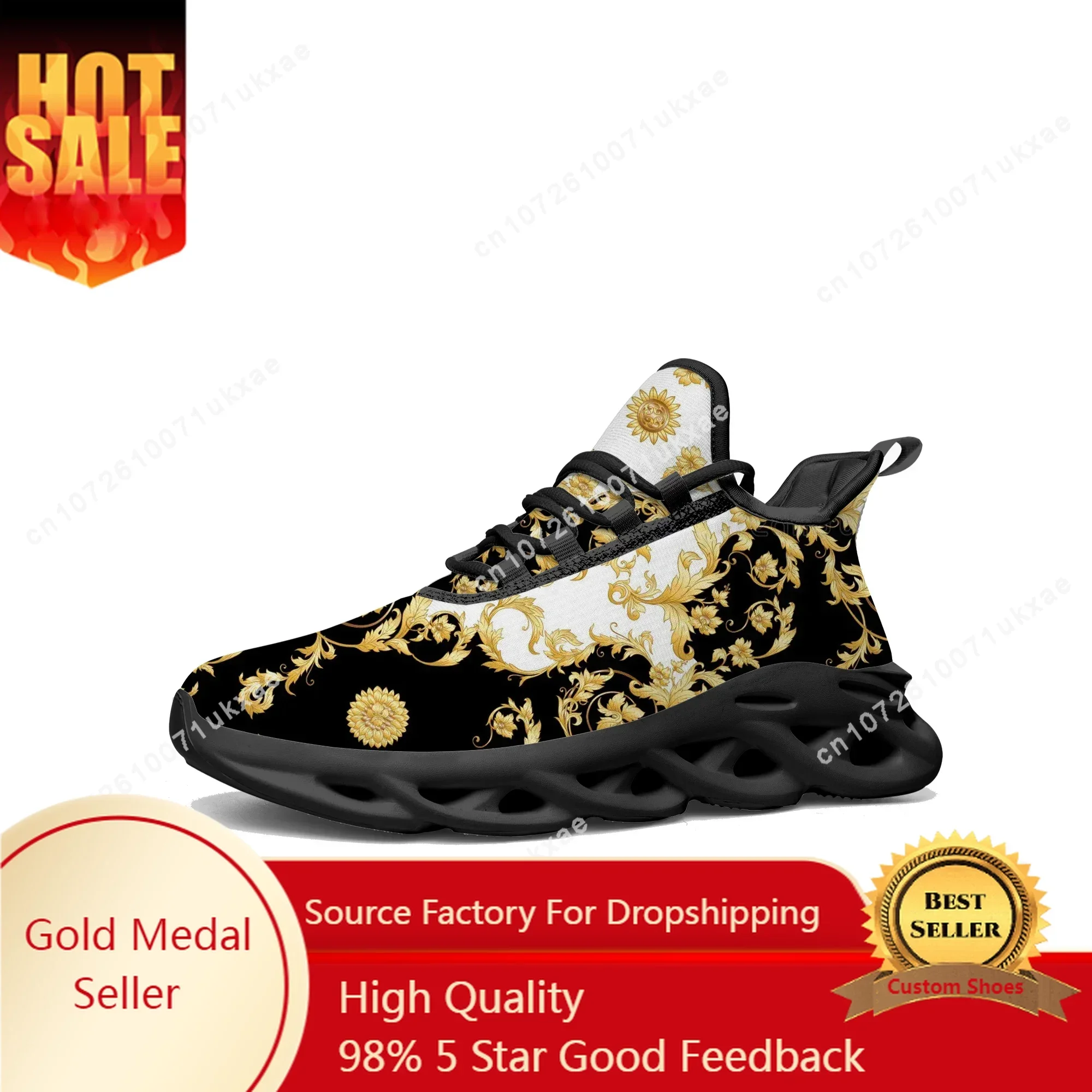 

Luxury Golden Floral Baroque Flats Sneakers Mens Womens Sports Shoes High Quality Sneaker Lace Up Mesh Footwear custom made Shoe