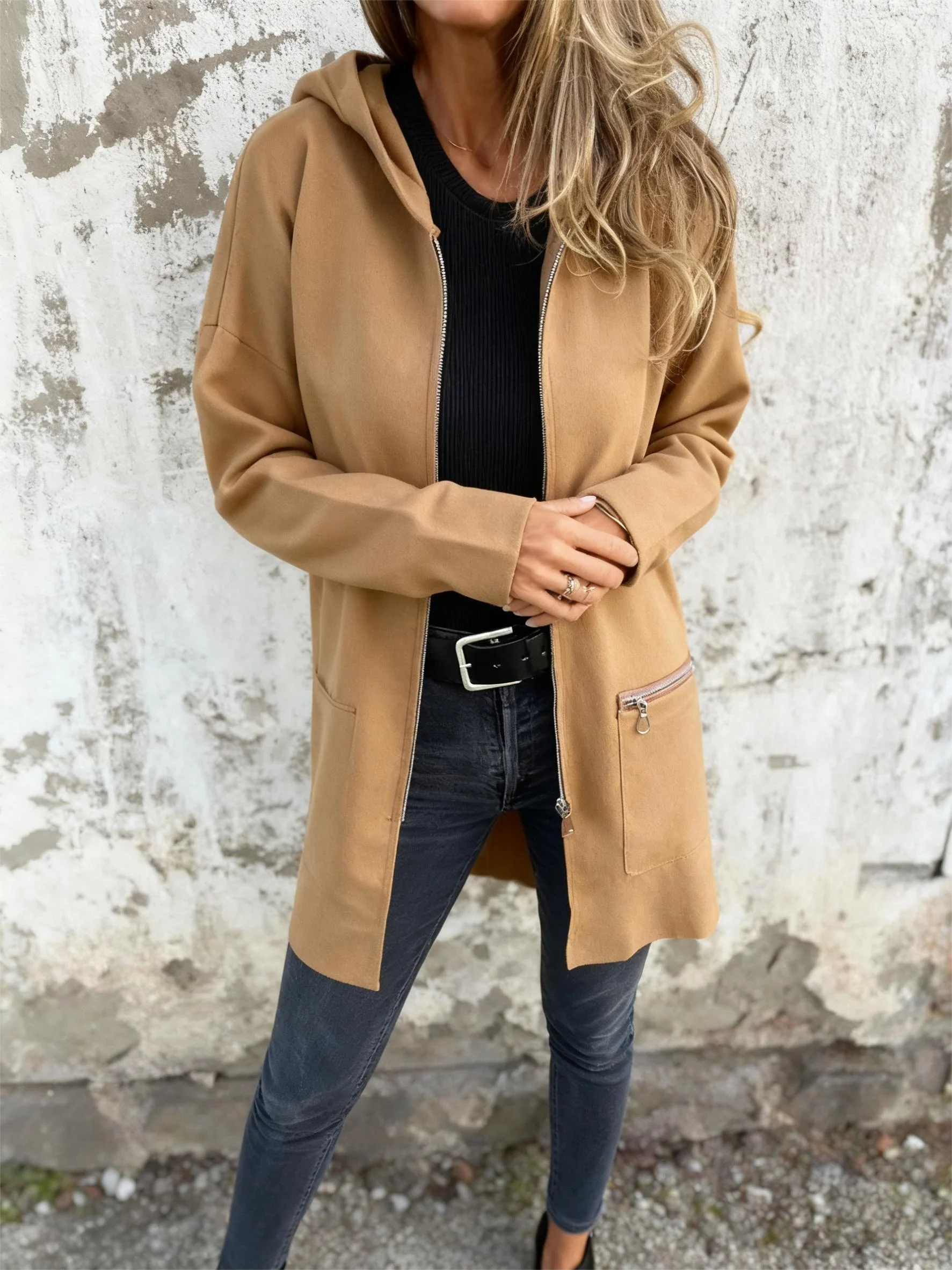 

Женская куртка с капюшоном на молнии в стиле ретро — однотонная повседневная зимняя верхняя одежда