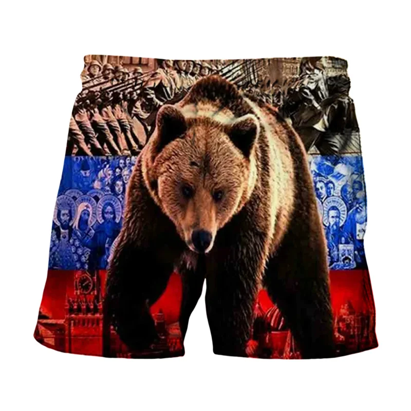 Pantalones cortos de playa con estampado de emblema de águila rusa para hombre, pantalones cortos con estampado de oso y bandera rusa en 3D, traje