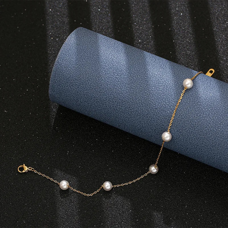 Classic Trendy Gold Color Stainless Steel Pearl Beaded Anklets for Women Charm Summer Beach Foot Jewelry Colorfast Gift