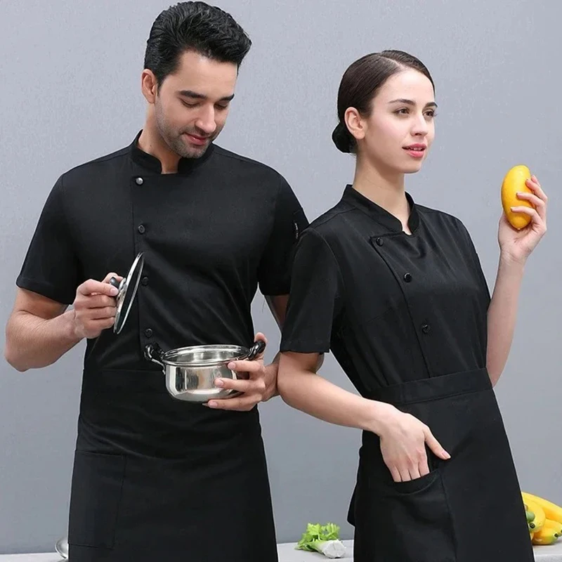 Chaqueta de Chef de malla transpirable para hombres y mujeres, camisa de manga corta para cocinar, Tops de trabajo geniales, servicio de comida, traje de cocina negro y rojo, 360 °, nuevo