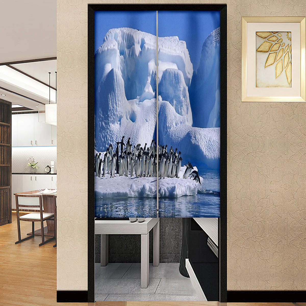 Antarctica Penguin Door Curtain Wildlife Swimming Dancing Family Group Icebergs Partition Kitchen Doorway Drapes Cafe Home Decor