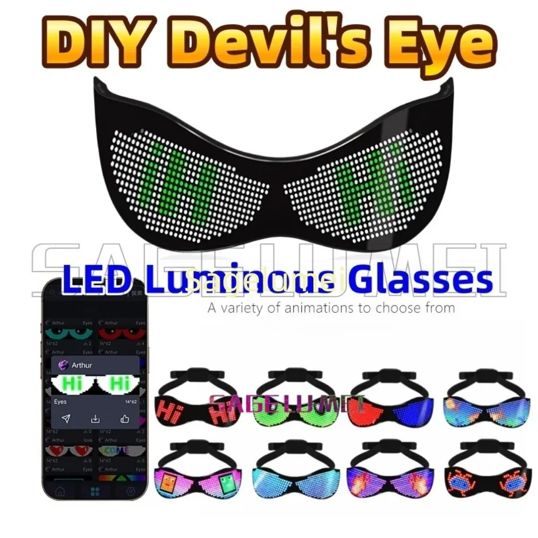 Kacamata LED Devil's Eye 2025 Kontrol Aplikasi Lampu Menyala untuk Pesta Koneksi Bluetooth Kontrol Aplikasi Dapat Diprogram DIY Teks Grafiti Animasi