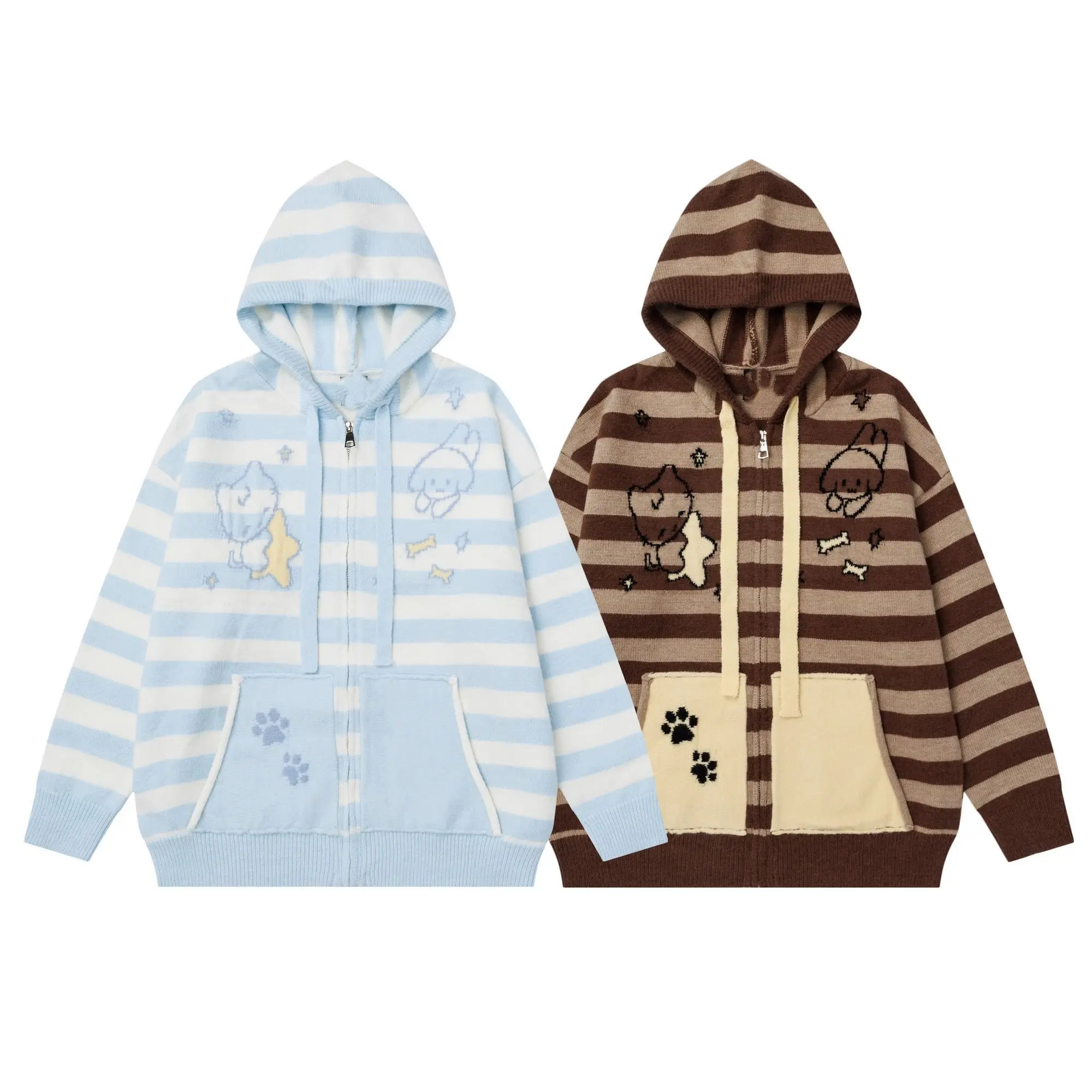 Y2k Japanese Striped Hooded Sweater Harajuku Kawaii Women Long Sleeve Casual Style Zipper Coat Spring Autumn Women Clothing