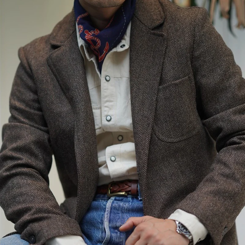 Spring Collection Men's Peaky Blinders British Retro Tweed Wool Herringbone Casual Hunting-Style Suit Jacket