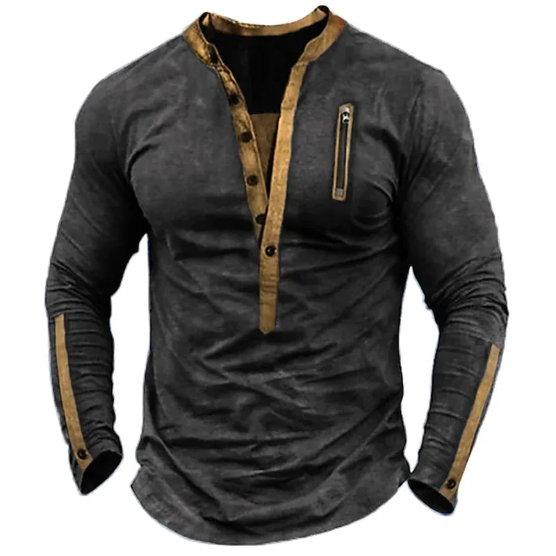 

Autumn Men's Tactical Zipper Contrast Color Henley T-Shirt Solid Comfortable Long Sleeve Pullover Male Tops Tee Shirts