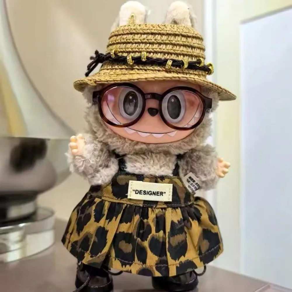 

Wrinkled Dress Knitted Straw Hat Vacation Style For 17cm Plush Doll Outfit Perfect Labubu Accessories Ropa Labubu