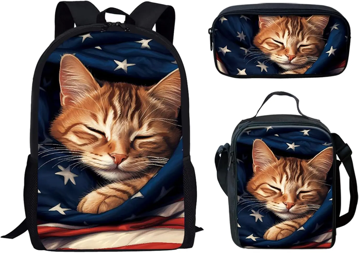 

American Flag 3D Cat Backpack for Kids Girls 3Pcs School Daypack with Lunch Bag Pencil Case for Elementary