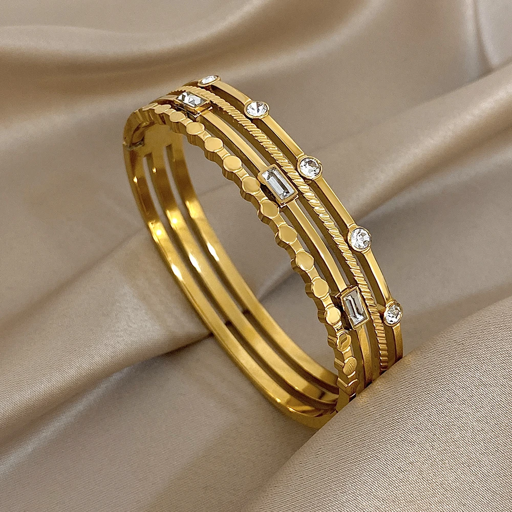 Luxury Zircon Stainless Steel Bracelets Women Retro Multi Layer Hollow Out Wide Bracelet Spring Bangles Jewelry Gift New